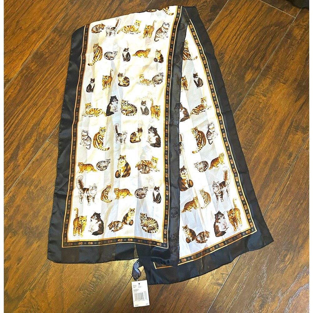 Cat Print Satin Polyester Rectangle Scarf Black White Brown 57x13 Cat Lover